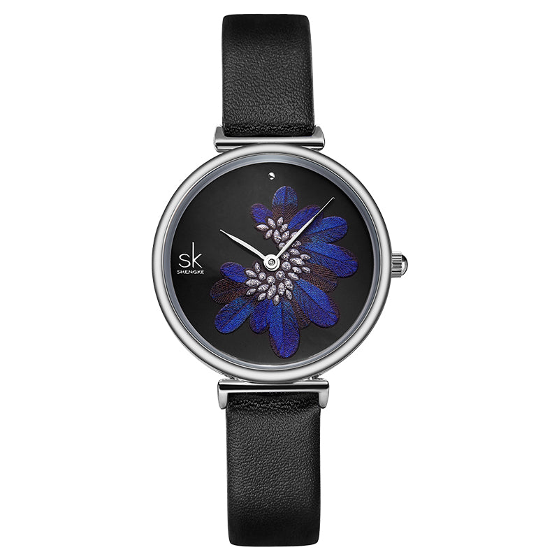 SHENGKE SK K0123 Leaves Pattern Crystal Flowers Female Fashion Elegant Women Ladies Leather Quartz Watch