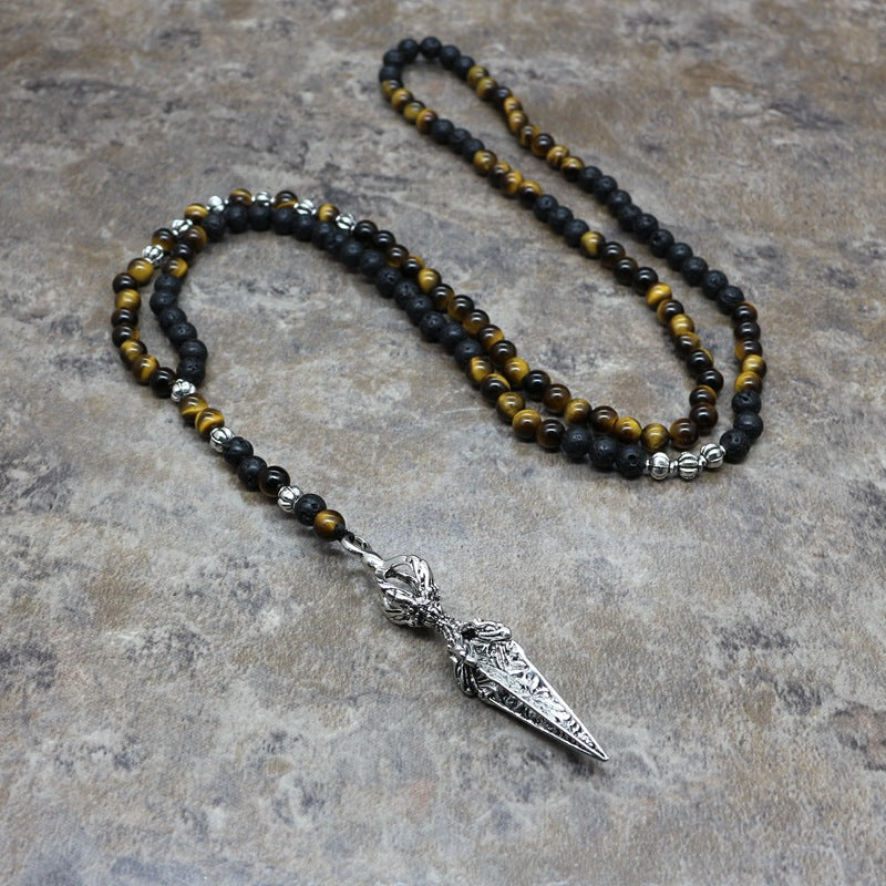 6mm Tiger's Eye Lava Stone Necklace Metal Geometric Arrow Pendant Men's Beads Necklace