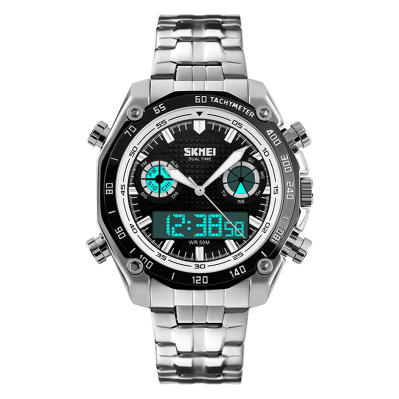 SKMEI 1204 Dual Dsplay Digital Watch Men Stainless Steel Strap Luminous Alarm Outdoor Sport Watch