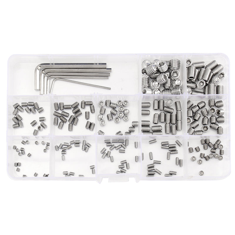 Suleve MXSS3 240Pcs M3/M4/M5/M6/M8 Stainless Steel Hex Allen Grub Screw Socket Flat Point Set Screws Wrench Assortment Kit