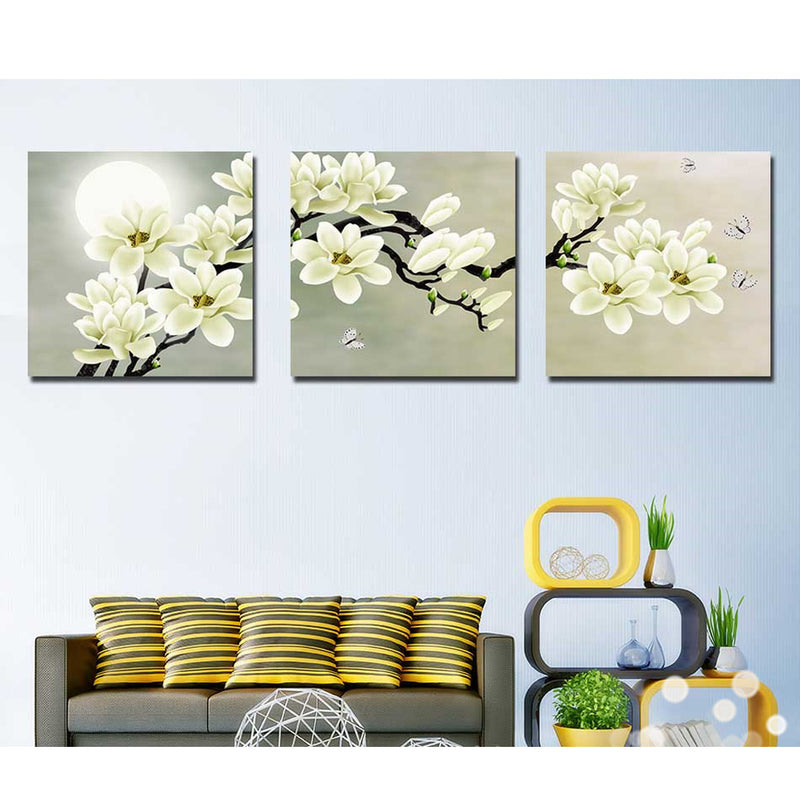 1 Set of 3PCS White Orchid Print Canvas Painting for Home Bedroom Cafe Hotel Room Wall Art Wall Decor Paintings 40cm