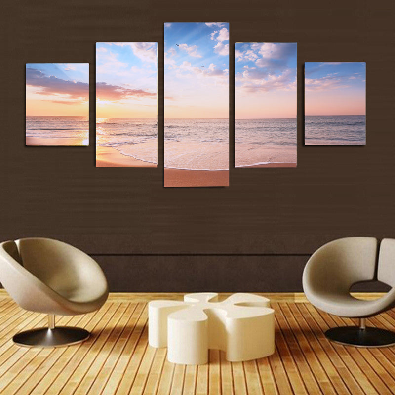 1 Set of 5PCS Canvas Painting for Home Bedroom Cafe Hotel Room Wall Art Wall Decor Paintings Beach Sunrise Print Charms 30/40/50cm
