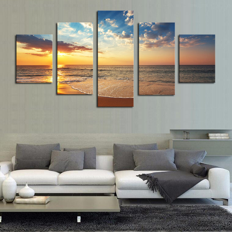 1 Set of 5PCS Canvas Painting for Home Bedroom Cafe Hotel Room Wall Art Wall Decor Paintings Beach Sunrise Print Charms 40/60/80cm