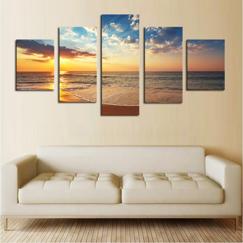1 Set of 5PCS Canvas Painting for Home Bedroom Cafe Hotel Room Wall Art Wall Decor Paintings Beach Sunrise Print Charms 40/60/80cm