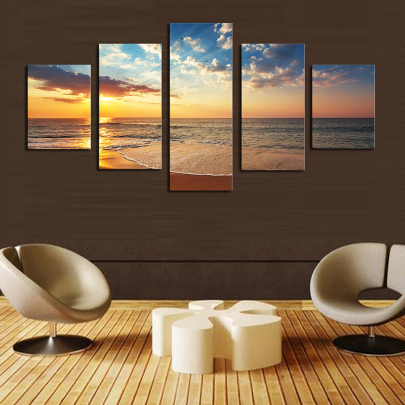 1 Set of 5PCS Canvas Painting for Home Bedroom Cafe Hotel Room Wall Art Wall Decor Paintings Beach Sunrise Print Charms 40/60/80cm