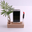 Clear Glass Tube Flower Vase Wooden Base Cellphone Table Stand Pencil Holder Rack