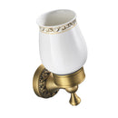 Antique Brass Carved Flower Wall Mounted Ceramic Bathroom Single Cup Toothbrush Holder
