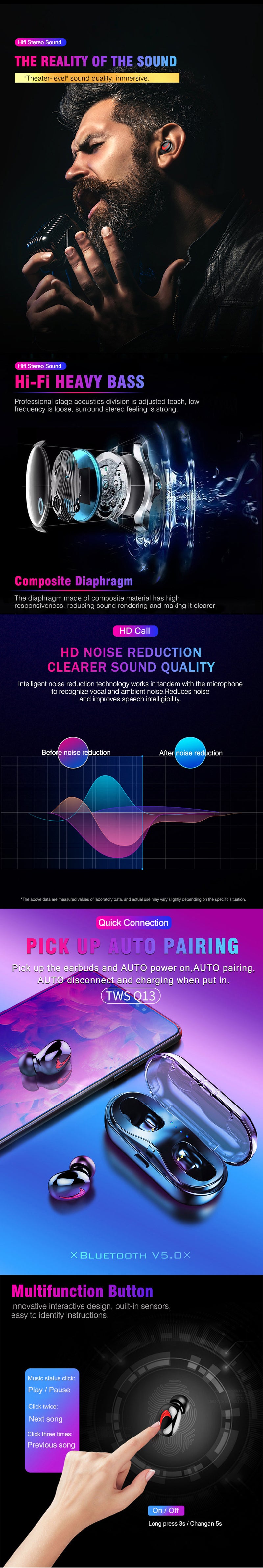 [True Wireless] Q13S TWS bluetooth V5.0 Earphone Stereo IPX5 Waterproof Noise Cancelling Handsfree Sports With HD Mic for Iphone Xiaomi Huawei