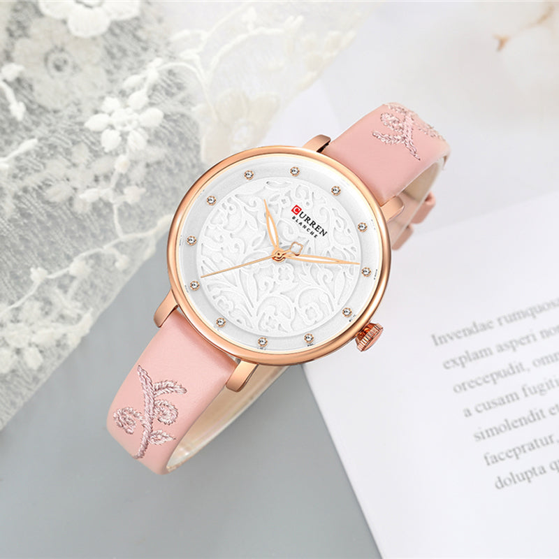 CURREN 9046 Crystal Leather Band Women Wrist Watch Elegant Design Quartz Watch