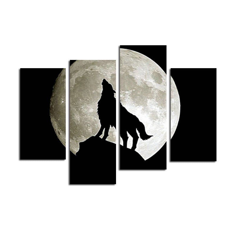 Miico Hand Painted Four Combination Decorative Paintings Full Moon Black Wolf Wall Art For Home Decoration