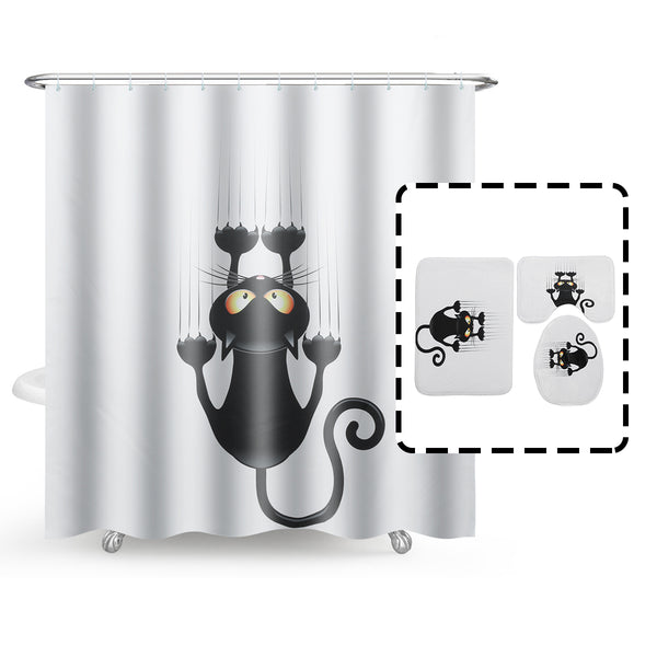 Cat Waterproof Polyester Shower Curtain Bathroom Bathmats Toilet Rugs Cover Mat