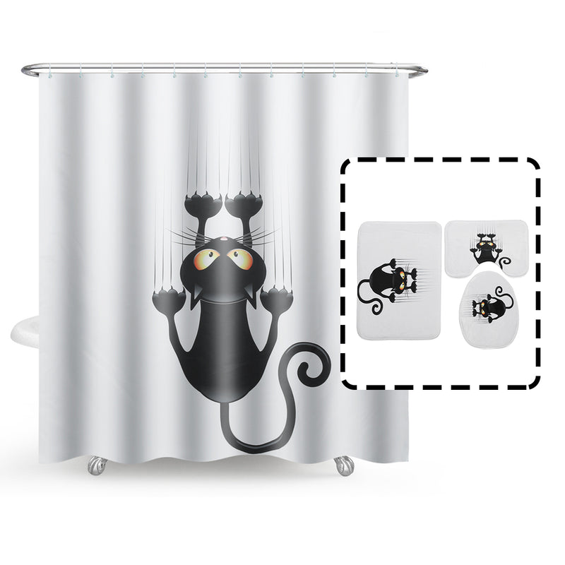 Cat Waterproof Polyester Shower Curtain Bathroom Bathmats Toilet Rugs Cover Mat