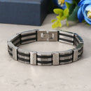 Punk Black Silicone Silver Stainless Steel Chain Wristband Bracelet for Men
