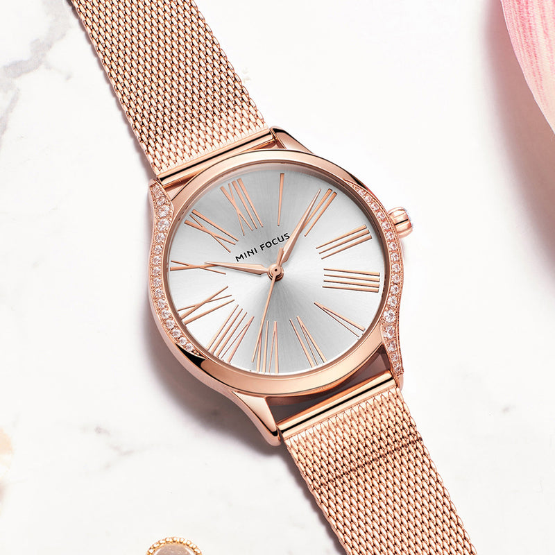 MINI FOCUS 0259L Casual Style Crystal Women Wrist Watch Stainless Steel Band Quartz Watch