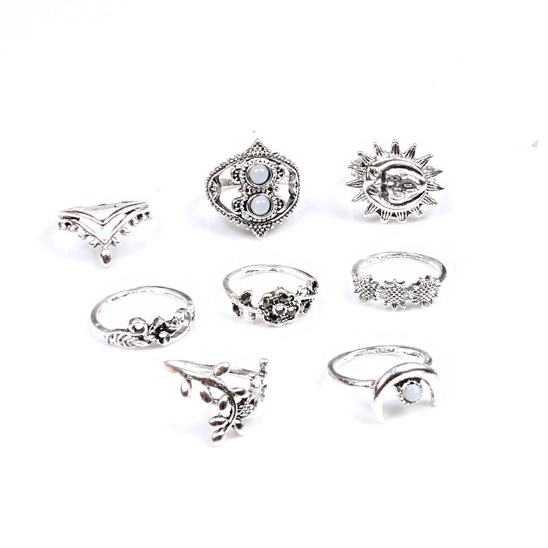 Fashion Sunflower Moon Sun Rings Set 14 Pieces Rhinestone Ring Kit For Women