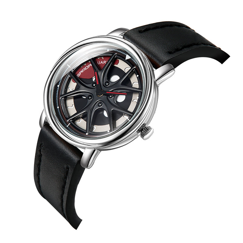 SANDA P1025 360 Rotating The Wheels Dial Fashion Leather Strap Quartz Watch