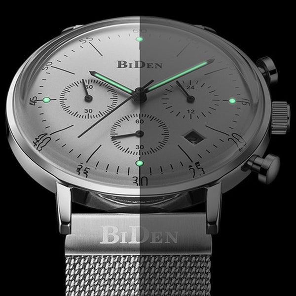 BIDEN BD00527 Luminous Display Chronograph Quartz Watch Full Steel Business Men Wristwatch