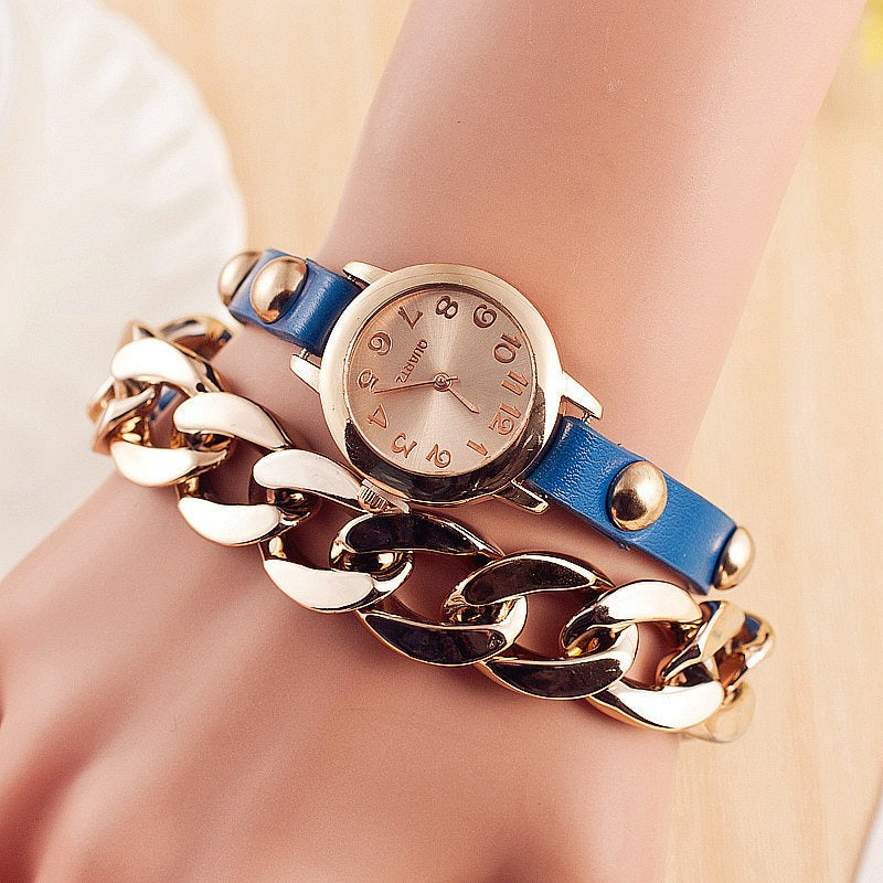 Fashion Women Winding Bracelet Watch Leather Band Ladies Dress Quartz Watch