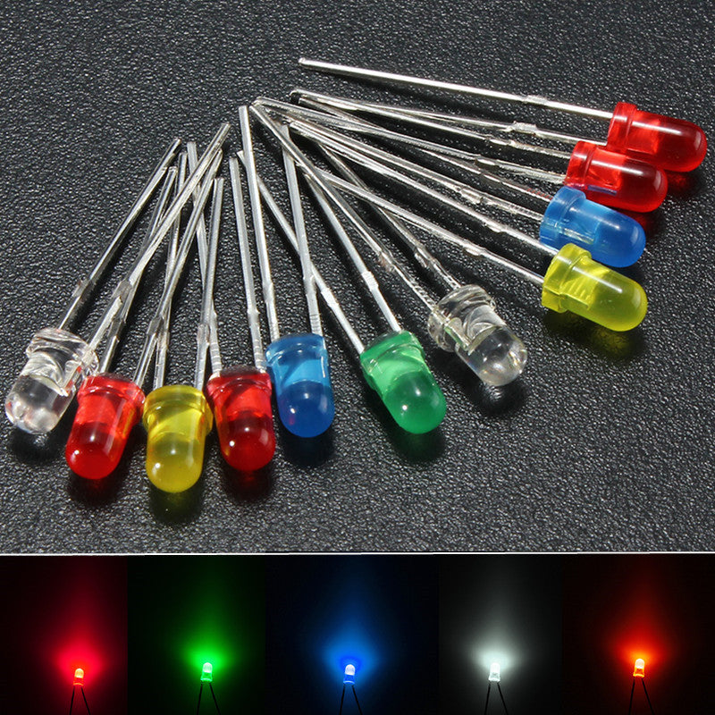 100Pcs 3mm Round Top LED Diodes Light White Yellow Red Blue Green Assortment DIY Lamp