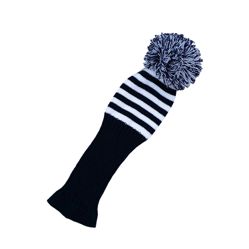 1 Piece White Knit Stripes Pom Pom Golf Club Head Cover Set Headcovers Dark Blue for Driver Fairway Hybrid Wood