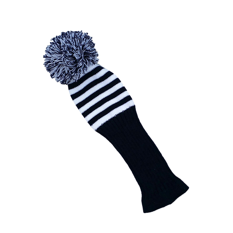 1 Piece White Knit Stripes Pom Pom Golf Club Head Cover Set Headcovers Dark Blue for Driver Fairway Hybrid Wood