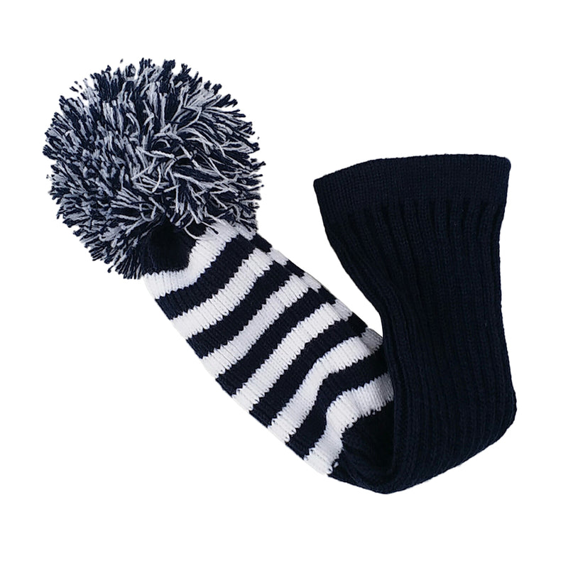 1 Piece White Knit Stripes Pom Pom Golf Club Head Cover Set Headcovers Dark Blue for Driver Fairway Hybrid Wood