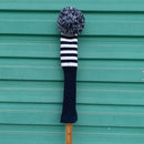 1 Piece White Knit Stripes Pom Pom Golf Club Head Cover Set Headcovers Dark Blue for Driver Fairway Hybrid Wood