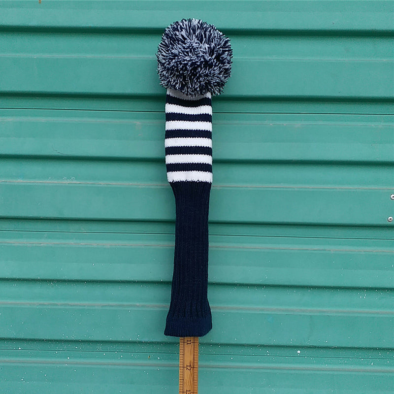 1 Piece White Knit Stripes Pom Pom Golf Club Head Cover Set Headcovers Dark Blue for Driver Fairway Hybrid Wood
