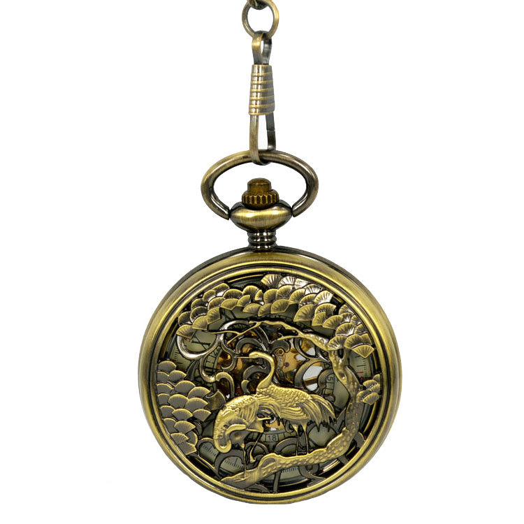 JIJIA JX014 Crane Pattern Hollow Black Bronze Mechanical Pocket Watch