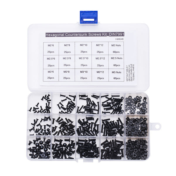 Suleve MXCH9 480Pcs M2 M2.5 M3 Flat Countersunk Head Hex Socket Screws Kit 10.9 Grade Machine Bolt Screw