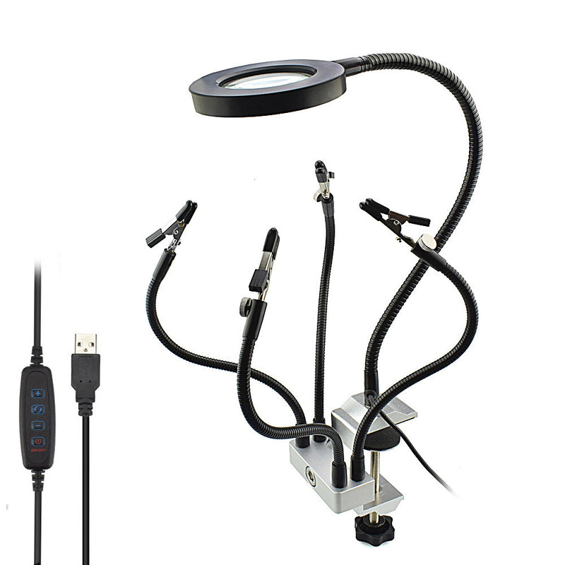 USB LED 3X Magnifier PCB Fixture Bench Vise Table Clamp Soldering Helping Hand Soldering Station Third Hand Tool with 5Pcs Flexible Arms