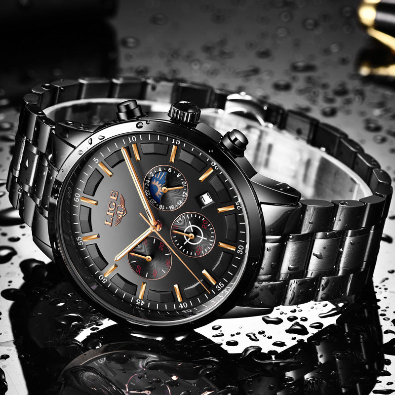 LIGE 9877 Business Style Waterproof Men Wrist Watch Luminous Display Full Steel Quartz Watches
