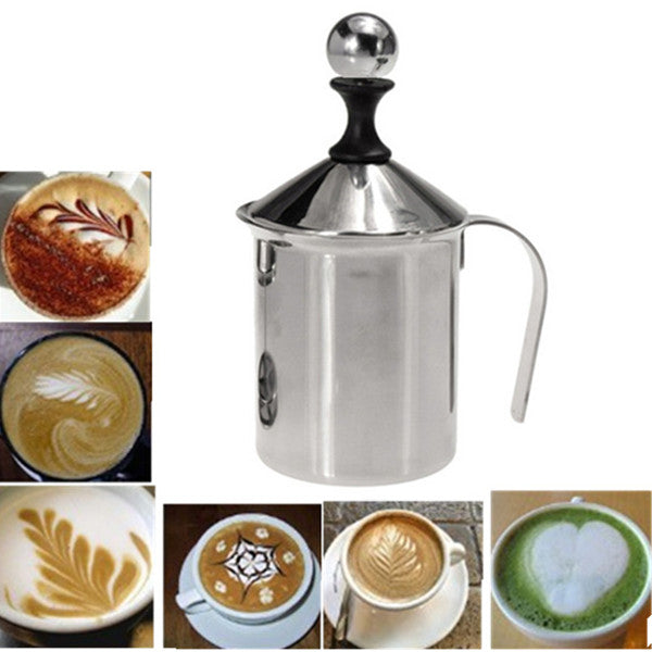 Stainless Steel Pump Milk Frother Creamer Foam Cappuccino 400ML Coffee Double Mesh Froth