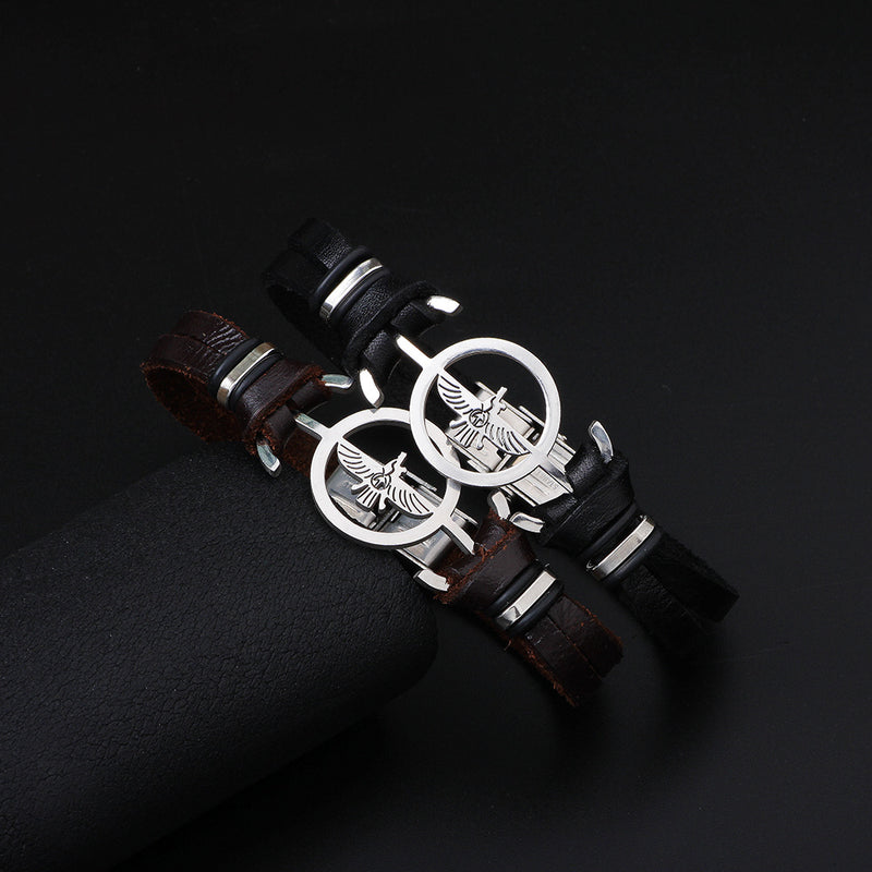 Fashion Stainless Steel Eagle Charm Genuine Leather Bracelet Men Jewelry