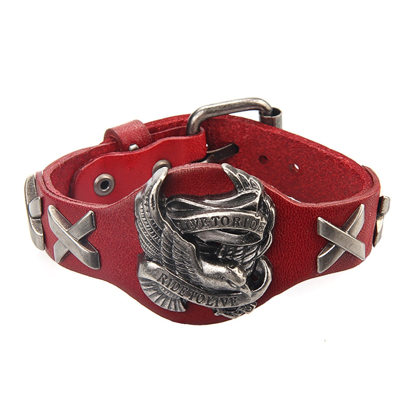 Punk Genuine Leather Wrap Wristband Bangle Alloy Eagle Bracelet for Men Women