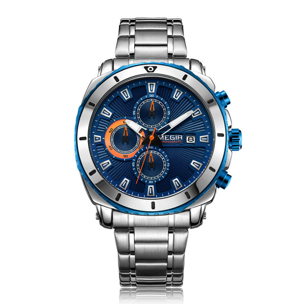 MEGIR 2075 Business Style Chronograph Luminous Date Display Bracelet Clasp Steel Men Quartz Watch