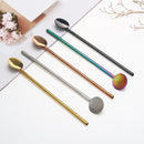 2 In 1 Stainless Steel Metal Long Handle Round/Oval Drinking Straw Washable Reusable Straw Spoon