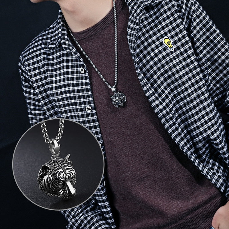 Men's Punk Gold Black Tiger Stainless Steel Long Necklace Hip-hop Accessory