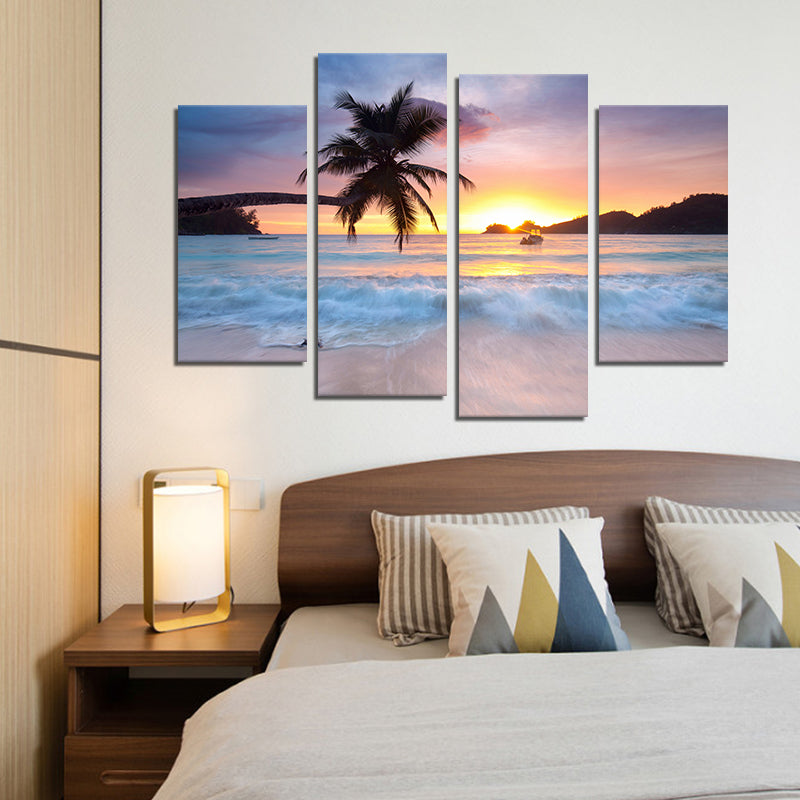 Miico Hand Painted Four Combination Decorative Paintings Seaside Coconut Tree Wall Art For Home Decoration