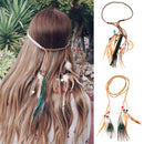 Womens Feather Tassels Belt Headband Bohemian Style with Wooden Beads Decor