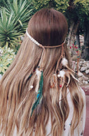 Womens Feather Tassels Belt Headband Bohemian Style with Wooden Beads Decor