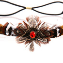 Women Feather Tassel Belt Headband Bohemian Style with Red Rhinestone Decor
