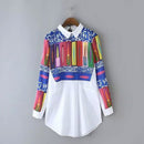 Women Fashionable Stylish Smooth Long Sleeves Floral Print Collar Shirt L