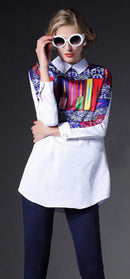 Women Fashionable Stylish Smooth Long Sleeves Floral Print Collar Shirt L