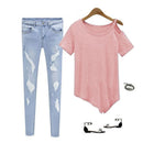 Women Fashionable Cotton Blend Loose Off Shoulder Shirt Top Blouse Pink L