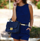 Women Girls Fashionable Beachwear Sleeveless V Neck Playsuit Bodycon Jumpsuit Trousers Summer Clothing Blue M