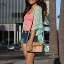 Women Summer Loose Casual Shawl Cardigan Boho Chiffon Floral Blouse Green