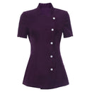 Women Girls Ladies Short Sleeve Front Button Fastening Hairdressers Beauticians Nail Bars Massage Therapists Shirt Purple L