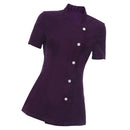 Women Girls Ladies Short Sleeve Front Button Fastening Hairdressers Beauticians Nail Bars Massage Therapists Shirt Purple L
