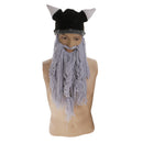 Kid Cosplay Costume Beanie Viking Crochet Horn Hat Winter Knitted Wig Caps Long Light Gray Wind Mask Beard